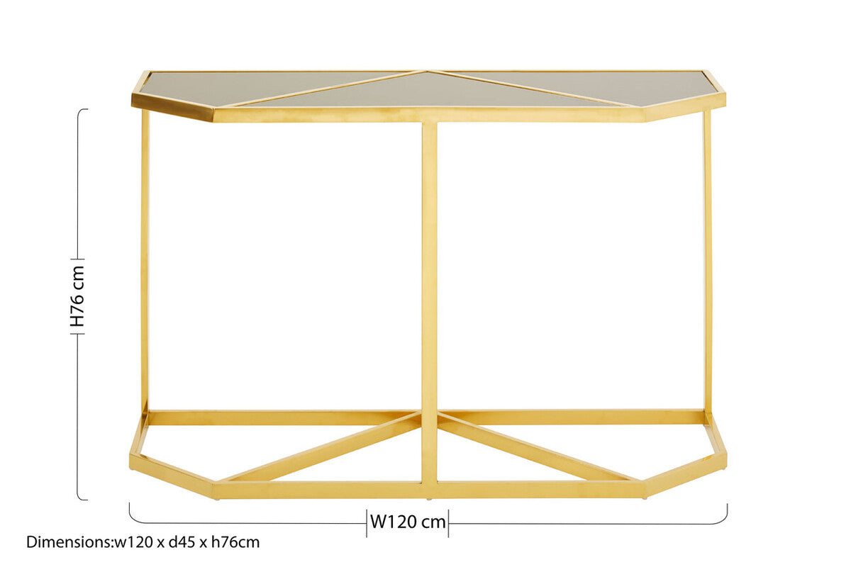 Black Tempered Glass Top Console Table with Gold Finish Stainless Steel Frame | Horizon