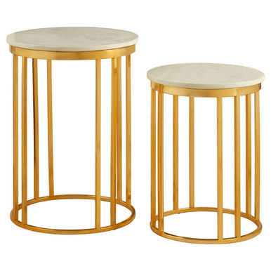 Set of 2 Round White Marble Tops Side Tables with Rich Gold Metal Frame | Templar