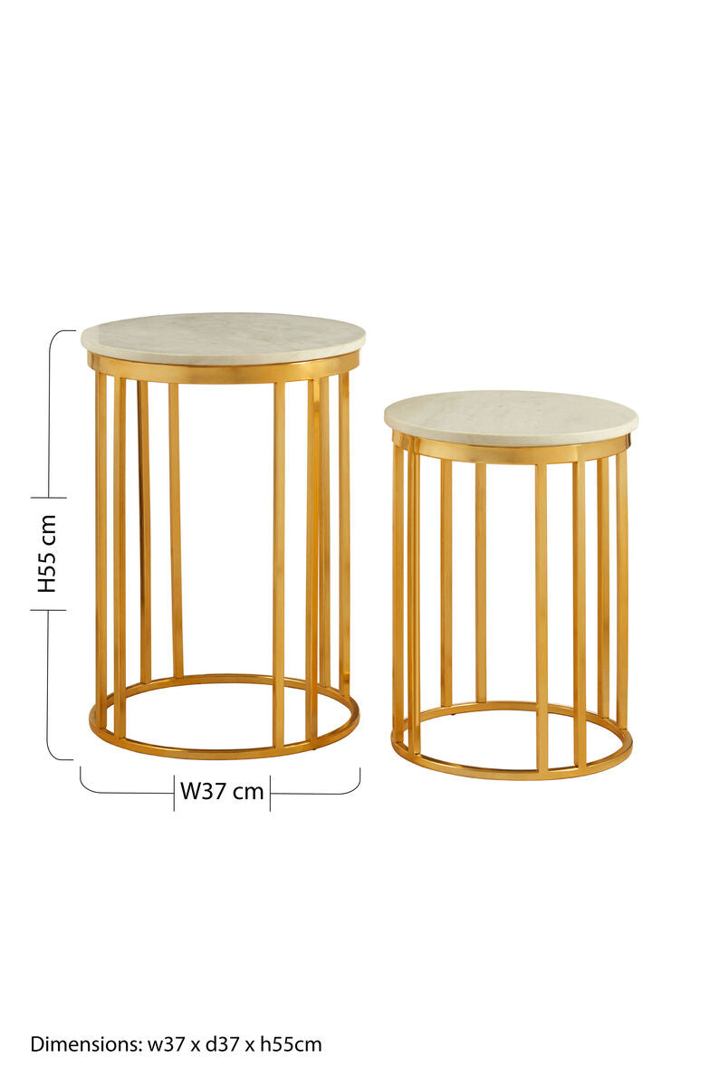 Set of 2 Round White Marble Tops Side Tables with Rich Gold Metal Frame | Templar
