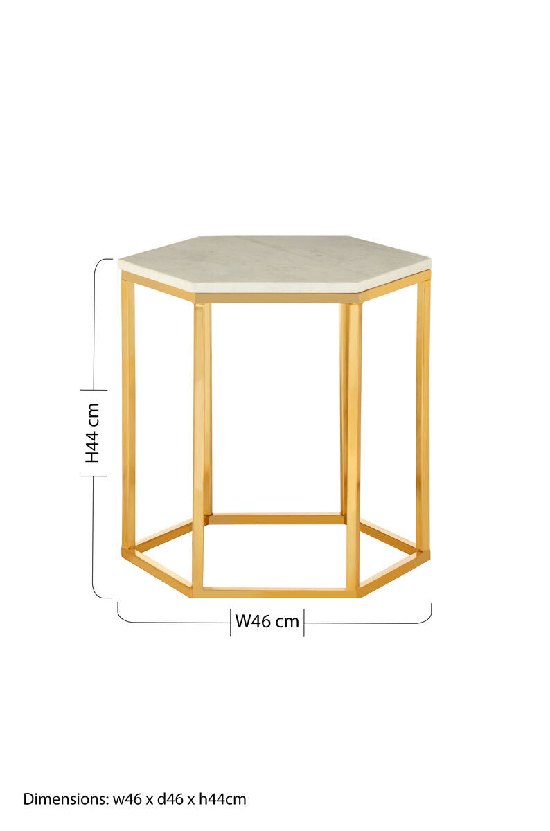 White Marble Tops Hexagonal Side Tables with Gold Finish Metal Frame | Templar