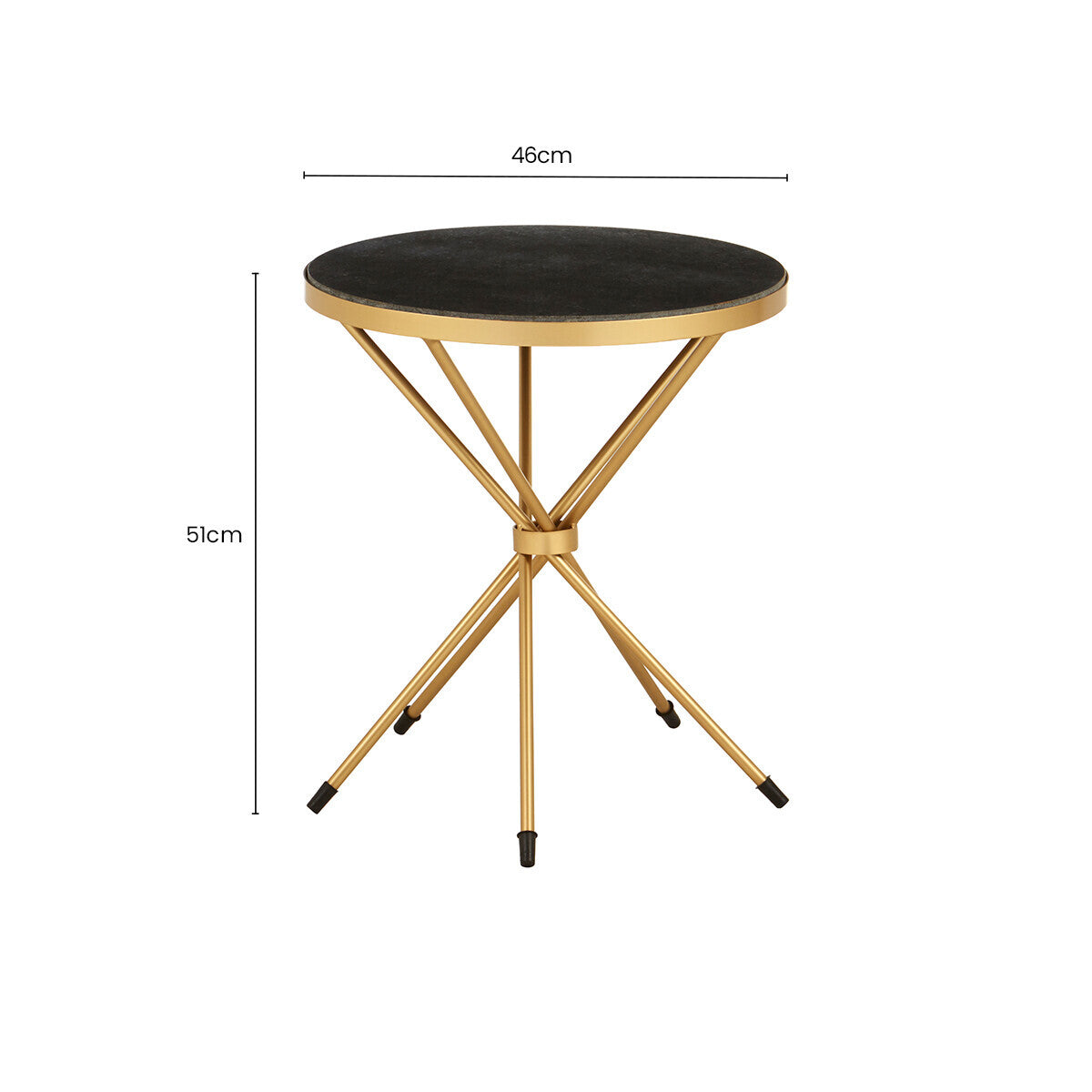 Black Marble Top Round Side Table with Warm Gold Intersecting Stainless Steel Legs, Templar