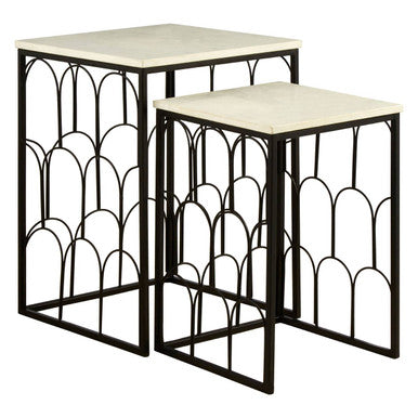 White Marble Top Side Tables with Black Metal Base and Art Deco Pattern | Templar