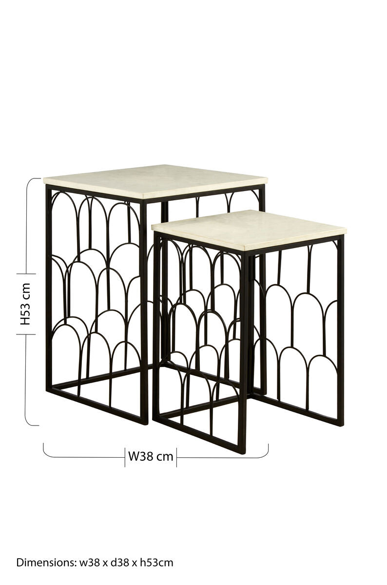 White Marble Top Side Tables with Black Metal Base and Art Deco Pattern | Templar