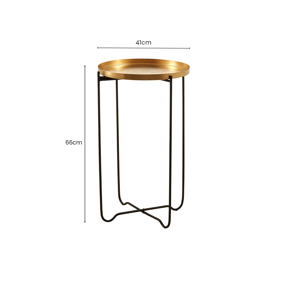 Gold Finish Round Top Side Table with Black Slim Metallic Frame and Intersecting Sledge Base, Templar