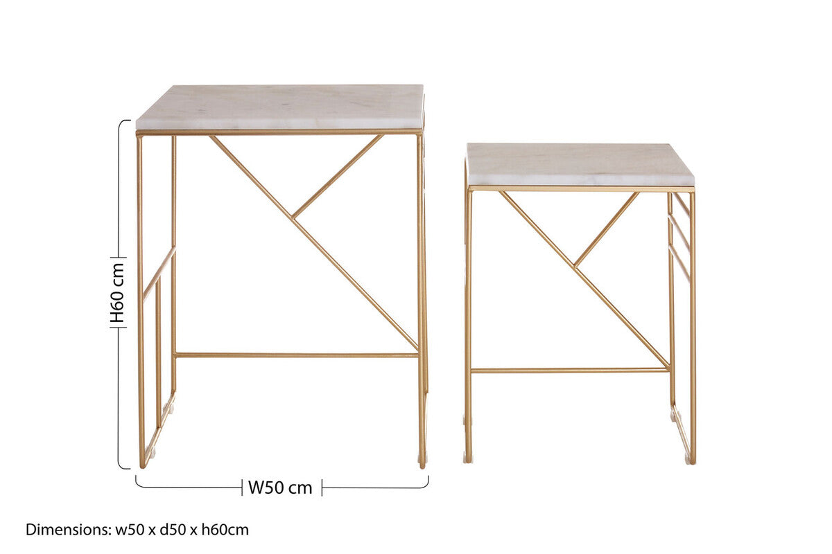 Set of 2 White Marble Square Nesting Tables with Champagne Finish Metallic Legs | Avantis