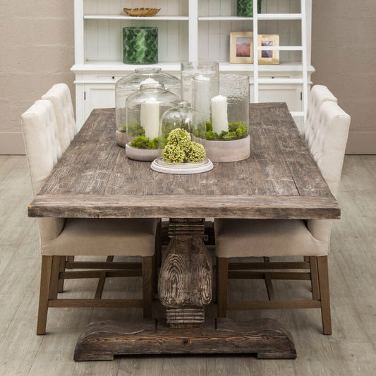 Brown Rustic Recycled Pine Wood Dining Table with Traditional Pedestal Legs, Lovina