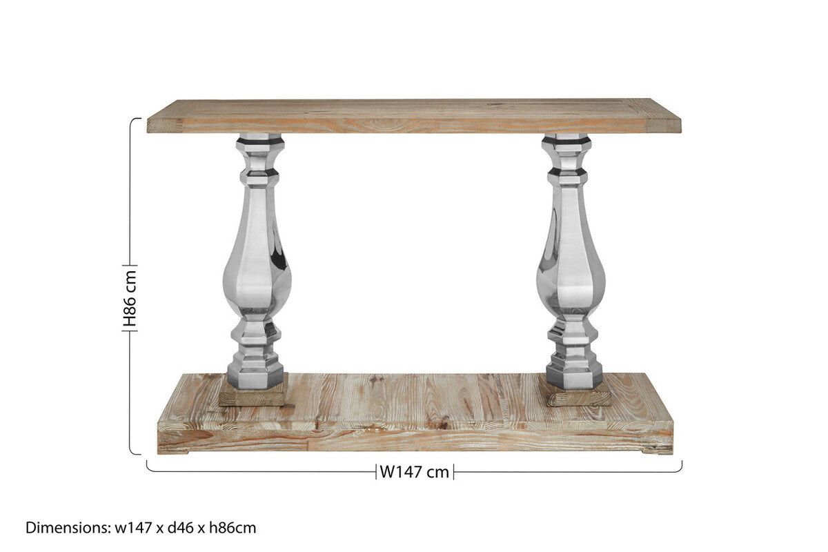 Brown Whitewash Pine Wooden Console Table with Carved Silver Pillar Columns and Brown Wooden Base | Richmond