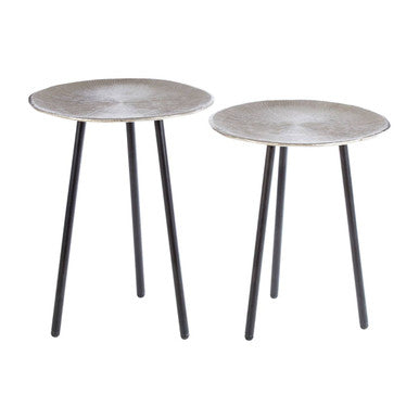 Set of Two Textured Nickel Round Side Tables with Distressed Aluminium Tops and Black Iron Legs | Templar
