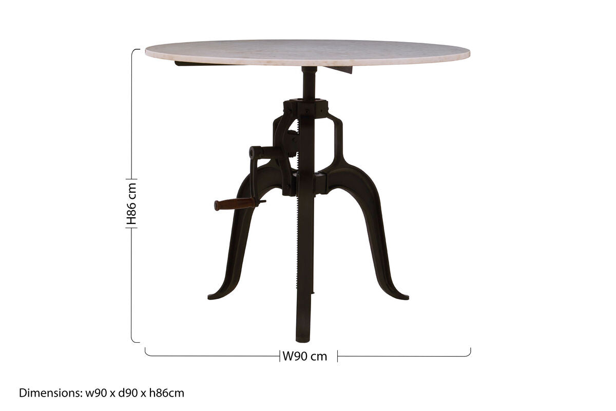 White Marble Top Small Bar Table with Black Iron Cabriole Legs and Crank Mechanism | Vasco