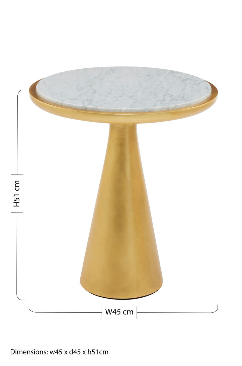 White Marble Top Small Side Table with Gold Finish Conical Wood Base | Lino