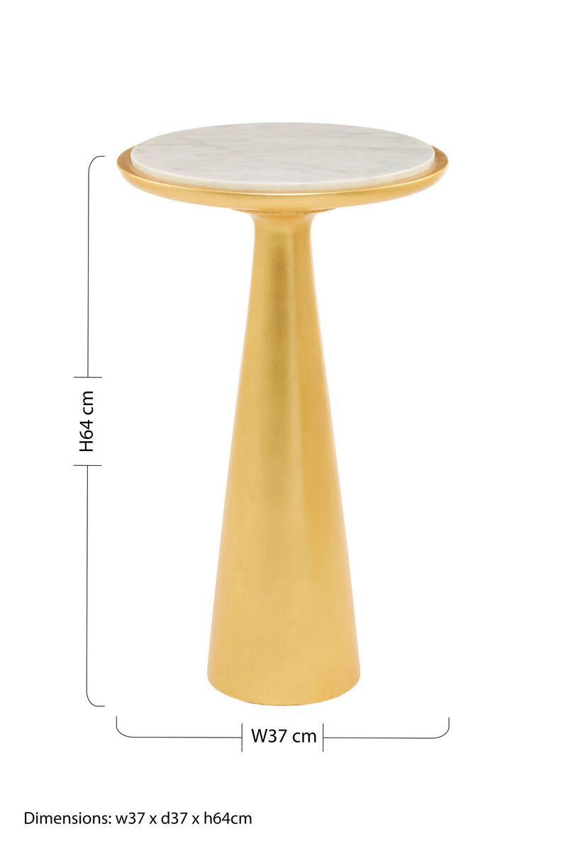 White Marble Top Large Side Table with Gold Finish Conical Wood Base, Lino