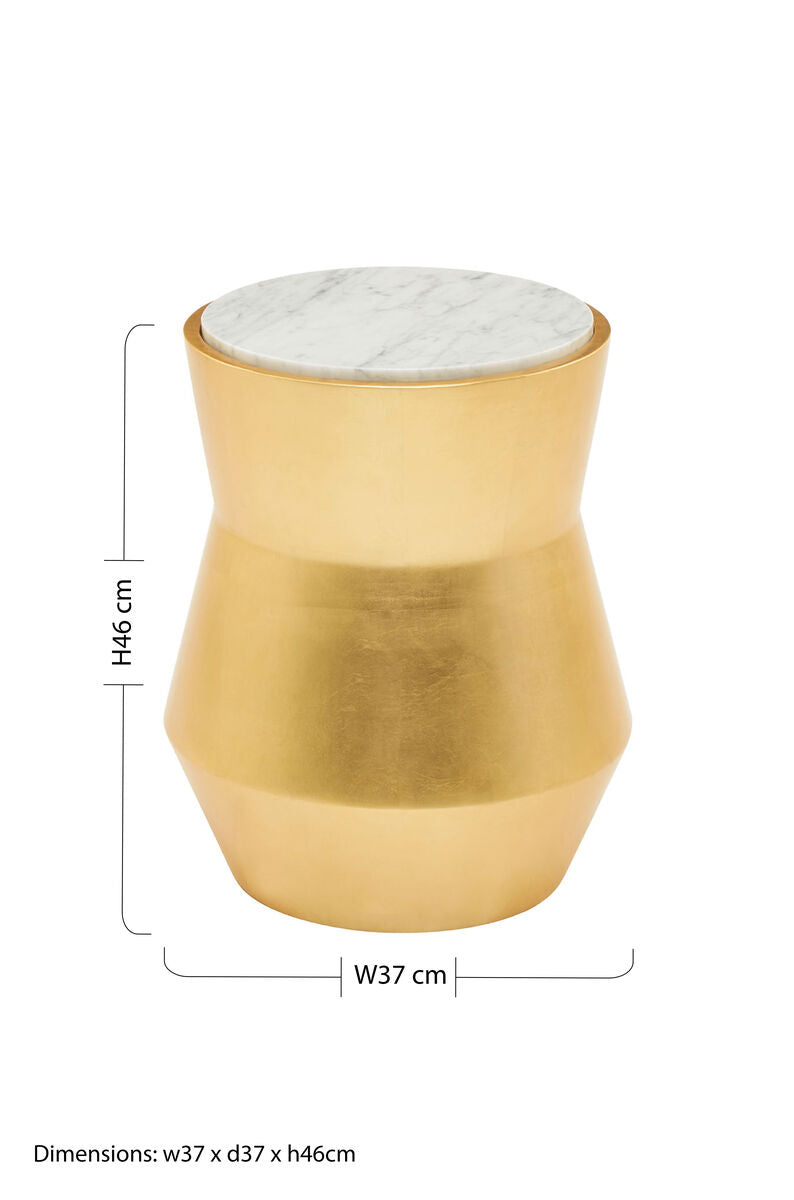 Small Gold Drum Wood Side Table with White Marble Top | Lino