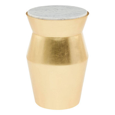 Large Gold Drum Wood Side Table with White Marble Top | Lino
