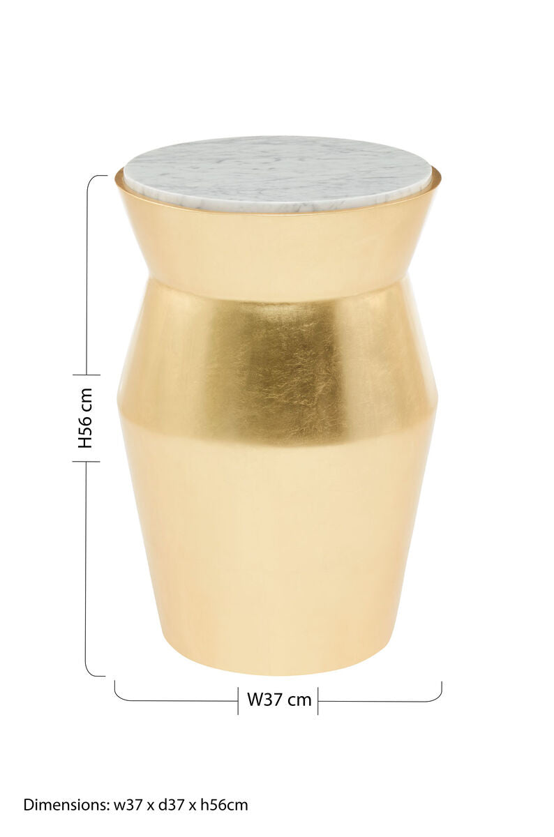 Large Gold Drum Wood Side Table with White Marble Top | Lino