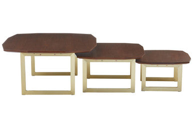 Set of 3 Brown Walnut Wood Nesting Side Tables with Gold Finish Metal Legs | Villi