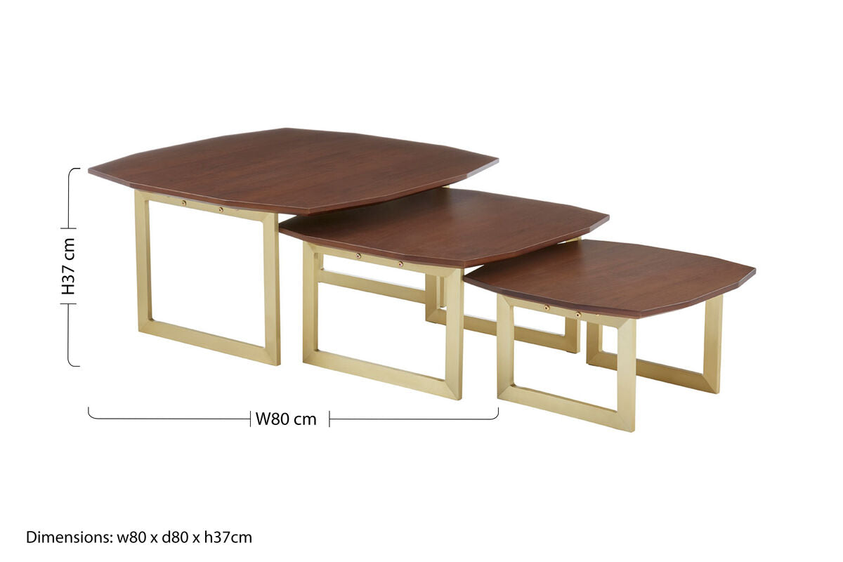 Set of 3 Brown Walnut Wood Nesting Side Tables with Gold Finish Metal Legs | Villi