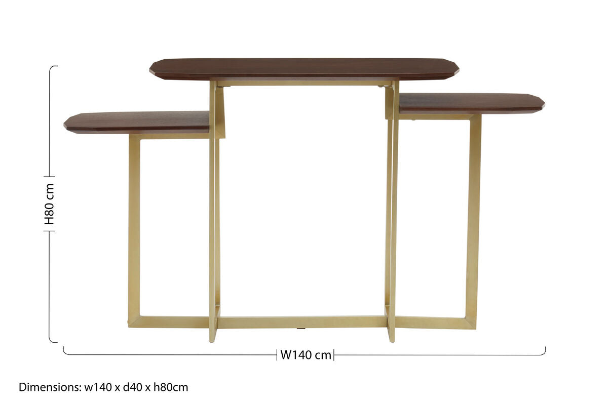 Brown Wood Multi Level 3 Tier Console Table with Gold Finish Metal Frame | Villi