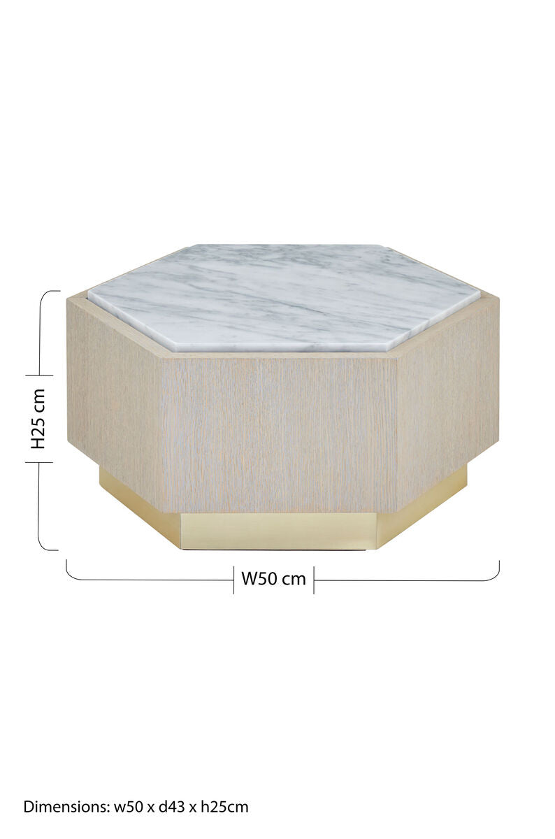 White Marble Top Hexagonal Small Side Table with Whitewash Oak Body and Gold Finish Base | Villi