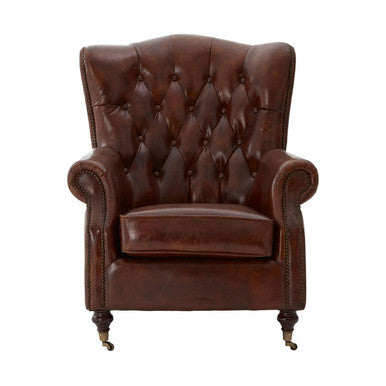 Victor Mocha Brown Leather Scroll Armchair with Button Tufted Backrest