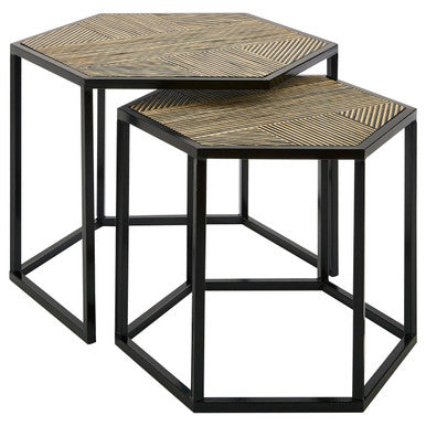 Set of 2 Natural Wood and Black Hexagon Side Tables with Black Metal Frame | Babita