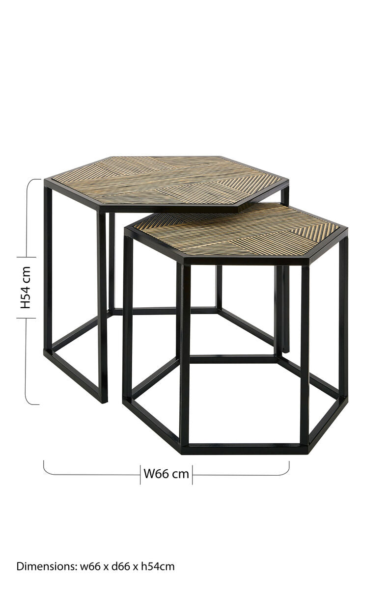 Set of 2 Natural Wood and Black Hexagon Side Tables with Black Metal Frame | Babita