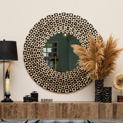 Palu Round Black Wall Mirror with Shell Inlay