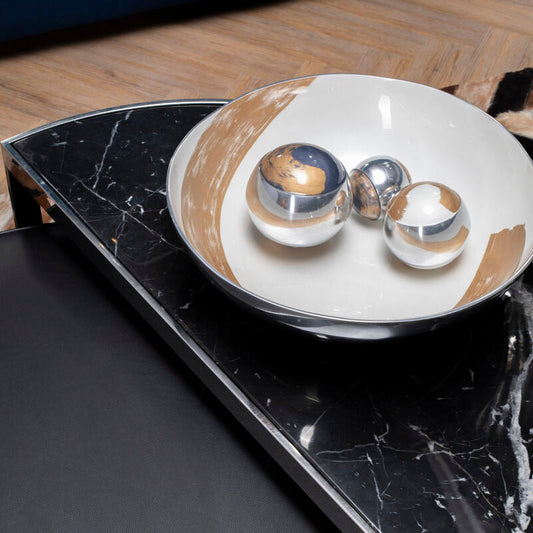 Alma White and Gold Aluminium Round Bowl with Brushstroke Design
