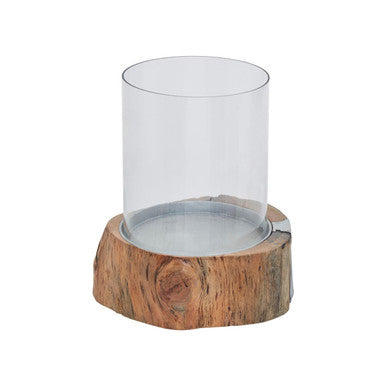 Almora Natural Acacia Wood Small Hurricane Candle Holder with Glass Insert