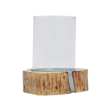Almora Natural Acacia Wood Large Hurricane Candle Holder with Glass Insert