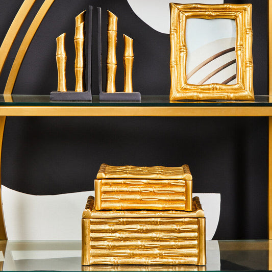 Hiba Small Gold Finish Bamboo Effect Trinket Box