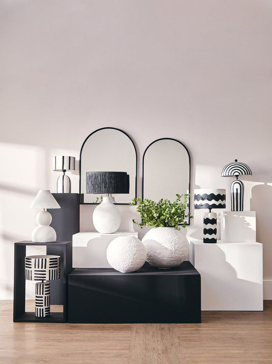 Carta 50cm Black And White Papier Mache Table Lamp with Geometric Lines