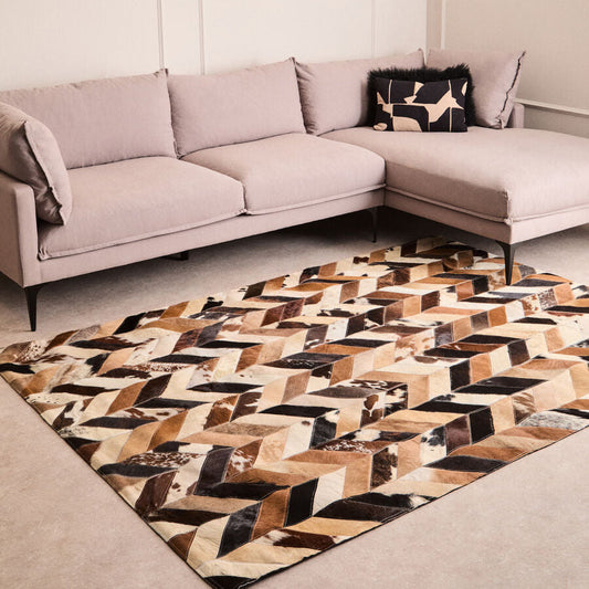 Bosie Safira Large Brown Hair on Leather Chevron Patchwork Rug