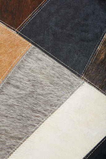 Bosie Neutral Colourblock Hair on Leather Patchwork Cushion | Safira