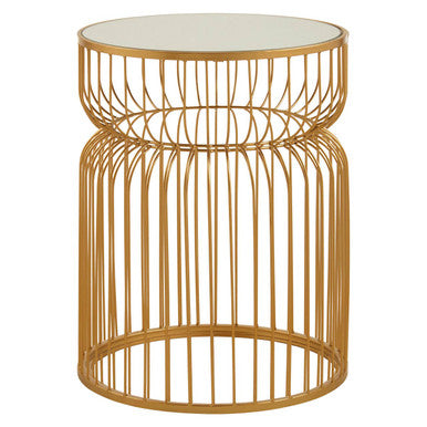 Gold Metal Wireframe Round Side Table with Mirrored Top, Avantis