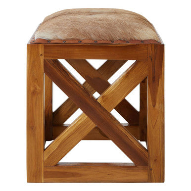 Kendari Hair on Leather and Teak Wood Square Stool
