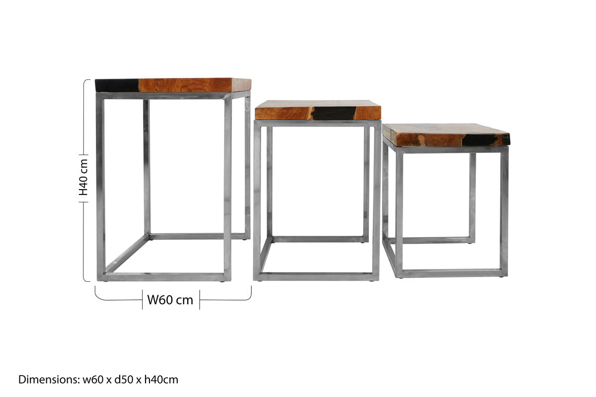 Set of 3 Black and Natural Teak Wood Nesting Tables with Silver Metal Frame, Surak