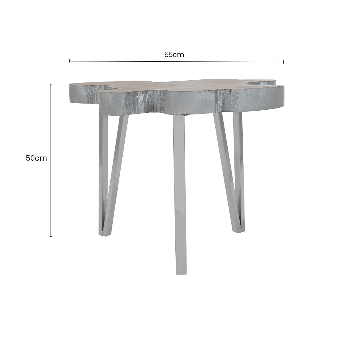 Silver Teak Wood Top Medium Side Table with Stainless Steel Legs, Surak