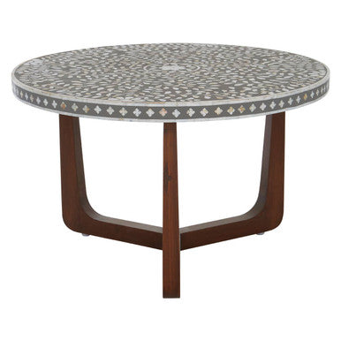 Black and White Mother of Pearl Design Top Round Coffee Table with Wood Base | Fusion