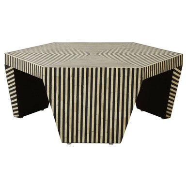 Black and White Striped Bone Inlay Hexagon Coffee Table, Fusion