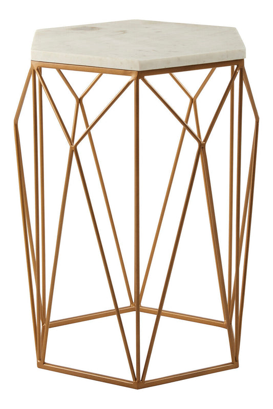 White Marble Top Side Table with Geometric Open Frame Gold Metallic Base | Shalimar