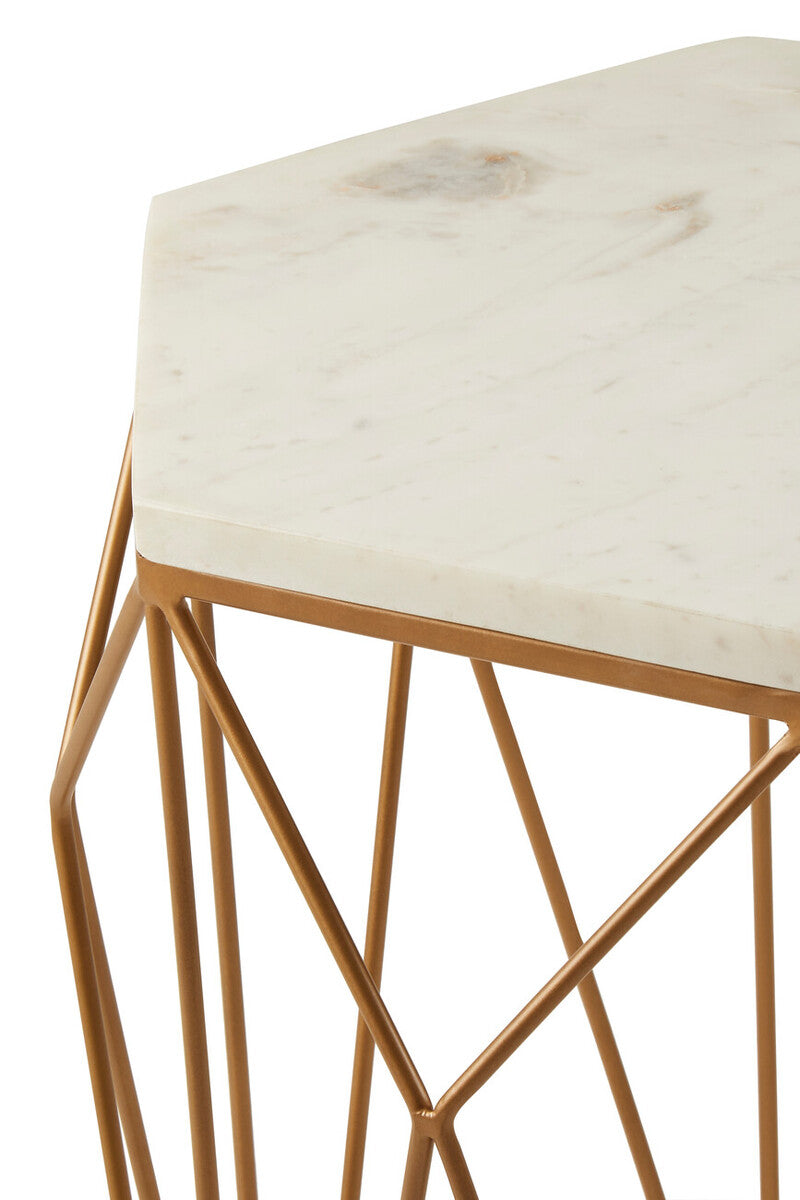 White Marble Top Side Table with Geometric Open Frame Gold Metallic Base | Shalimar
