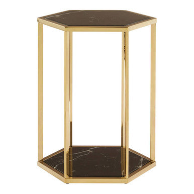 Hexagonal End Table with Black Marble Top and Bottom and Gold Finish Stainless Steel Frame | Piermount