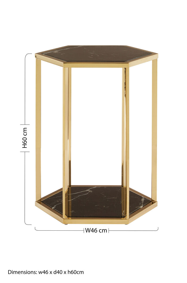 Hexagonal End Table with Black Marble Top and Bottom and Gold Finish Stainless Steel Frame | Piermount