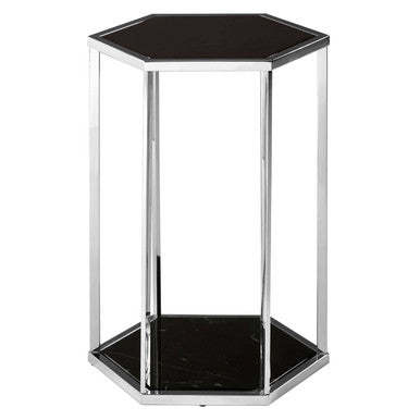 Hexagonal End Table with Black Marble Top and Bottom and Silver Finish Stainless Steel Frame | Piermount
