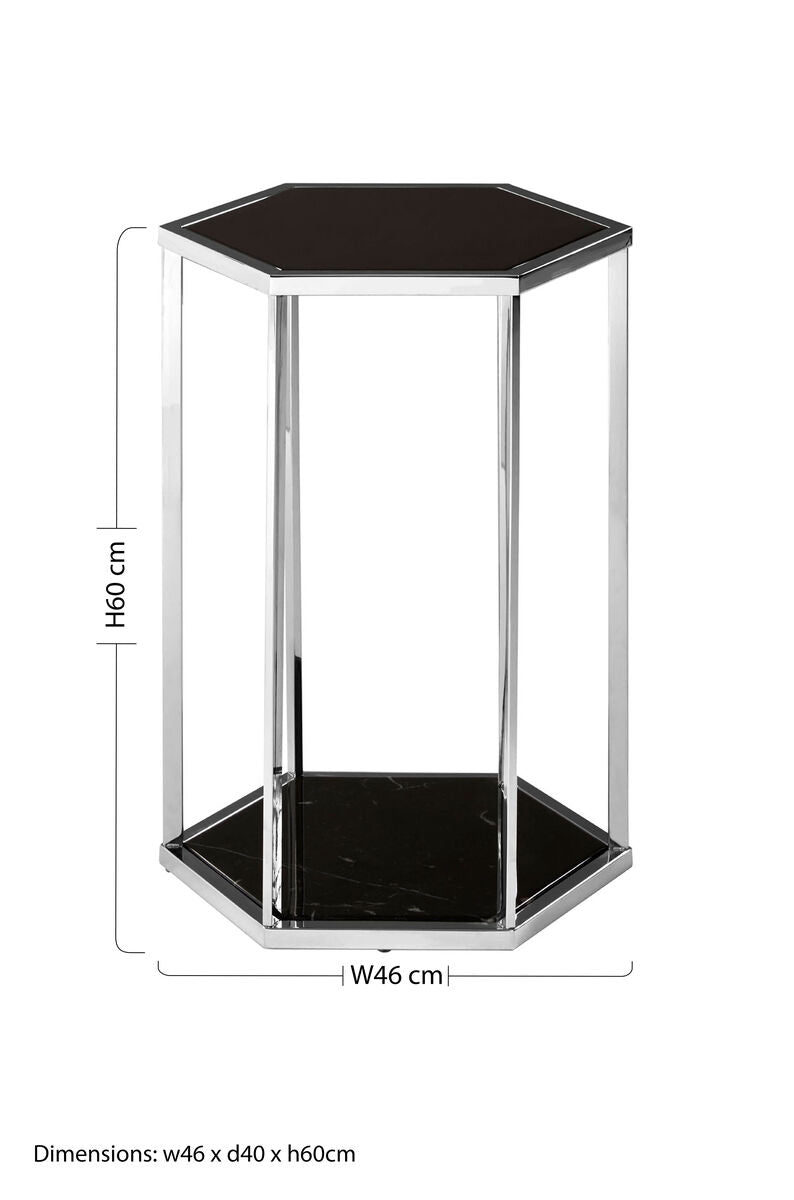 Hexagonal End Table with Black Marble Top and Bottom and Silver Finish Stainless Steel Frame | Piermount