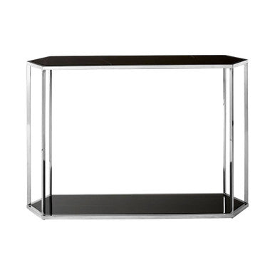 Silver Solid Steel Frame Console Table with Black Marble Top and Bottom | Piermount