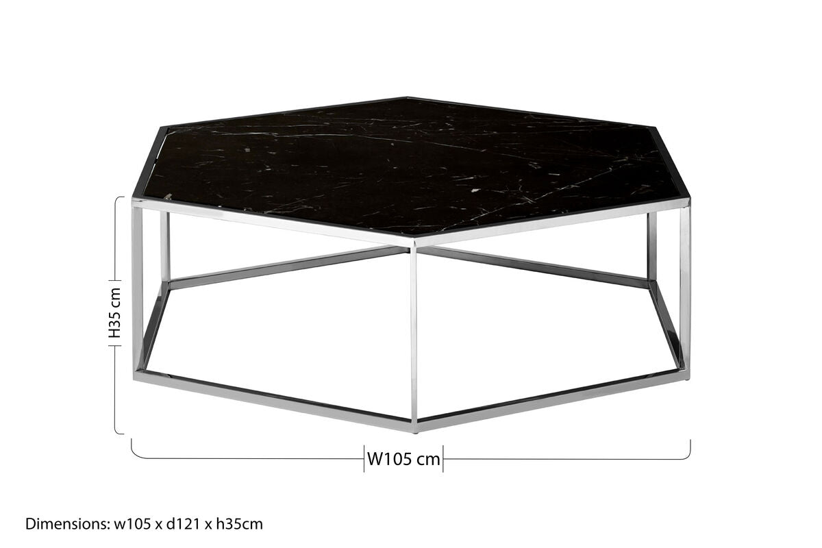 Silver Stainless Steel Frame Hexagon Coffee Table with Black Marble Top | Piermount