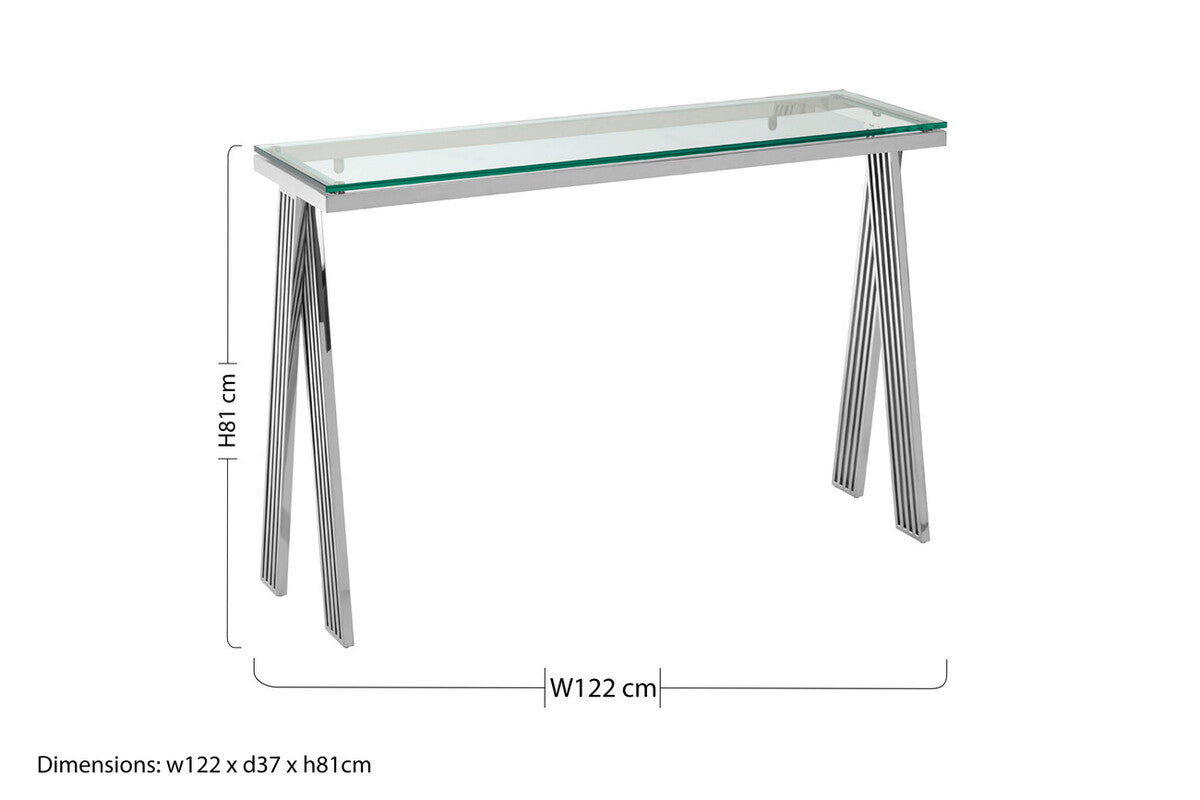 Clear Glass Top Console Table with Silver Finish Stainless Steel Base | Piermount