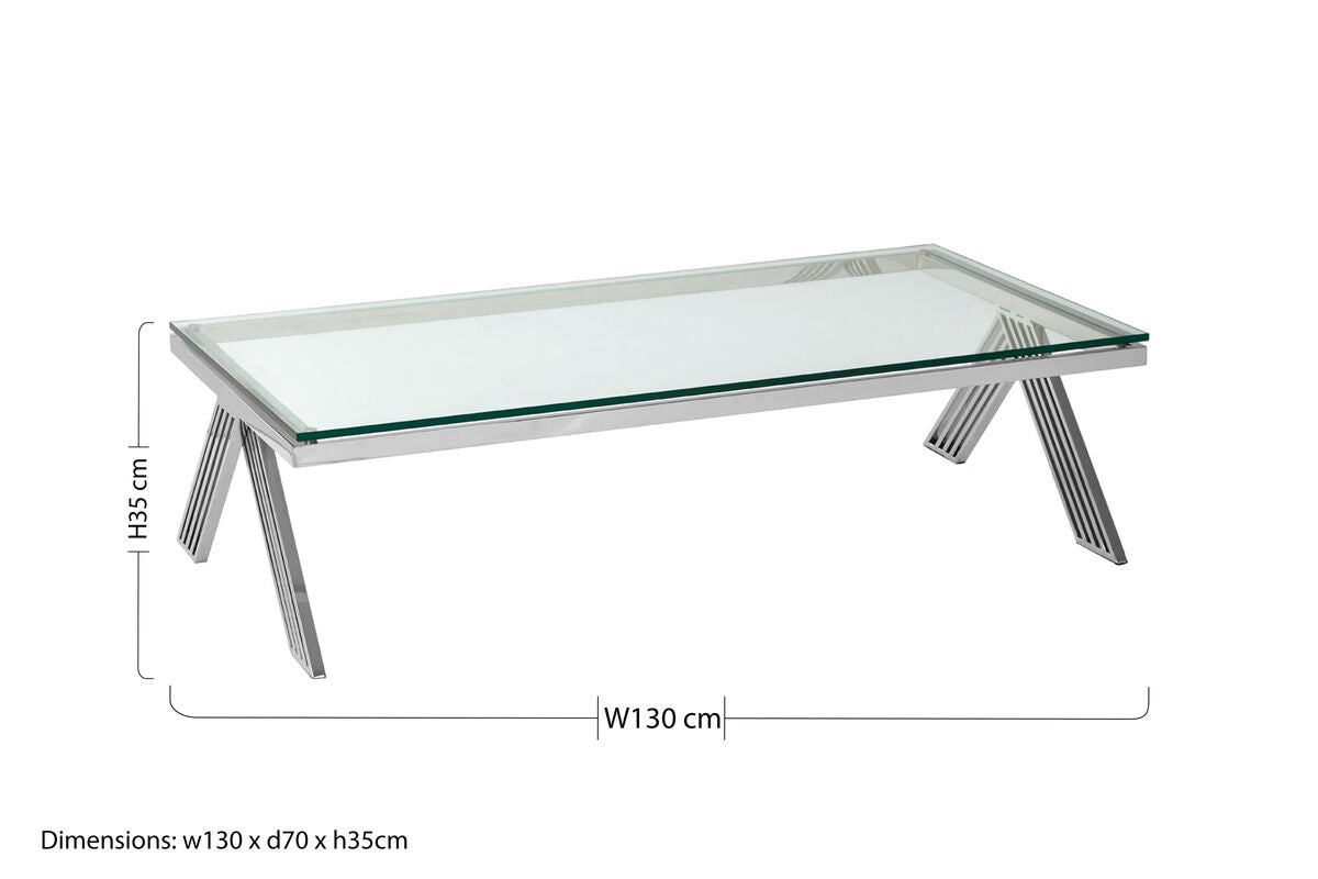Clear Glass Top Rectangular Coffee Table with Silver Finish Stainless Steel Slim Lines Frame | Piermount