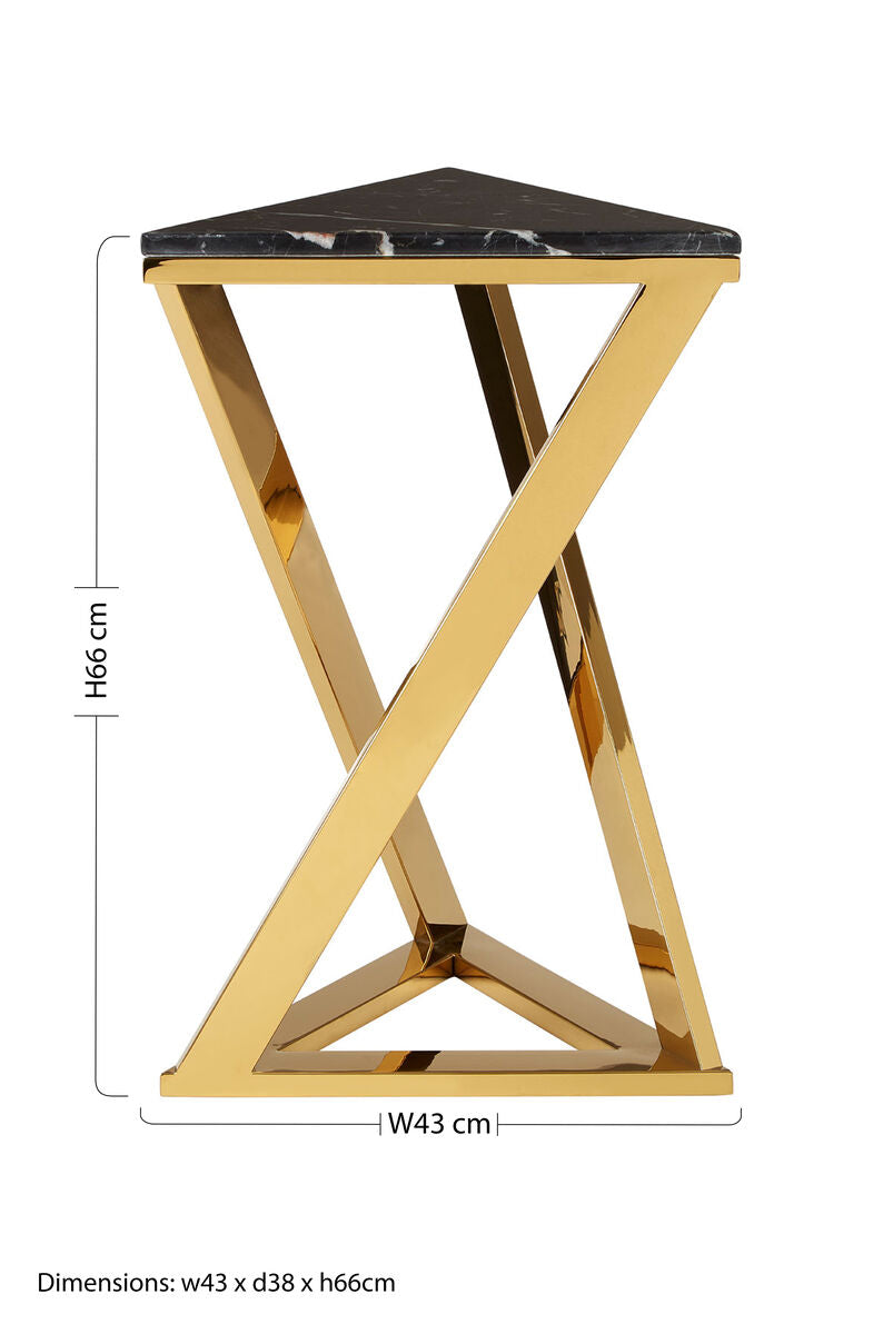 Black Marble Top End Table with Gold-Finished Steel Three Angled Legs and Triangular Base | Piermount
